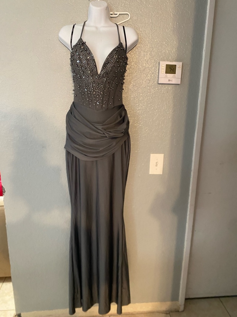 Embellished Charcoal Gray Evening Gown